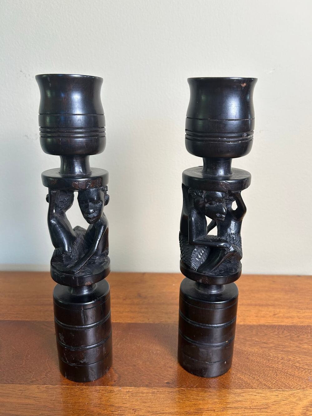 Vtg African Ebony Wood Hand Carved Candle Holders